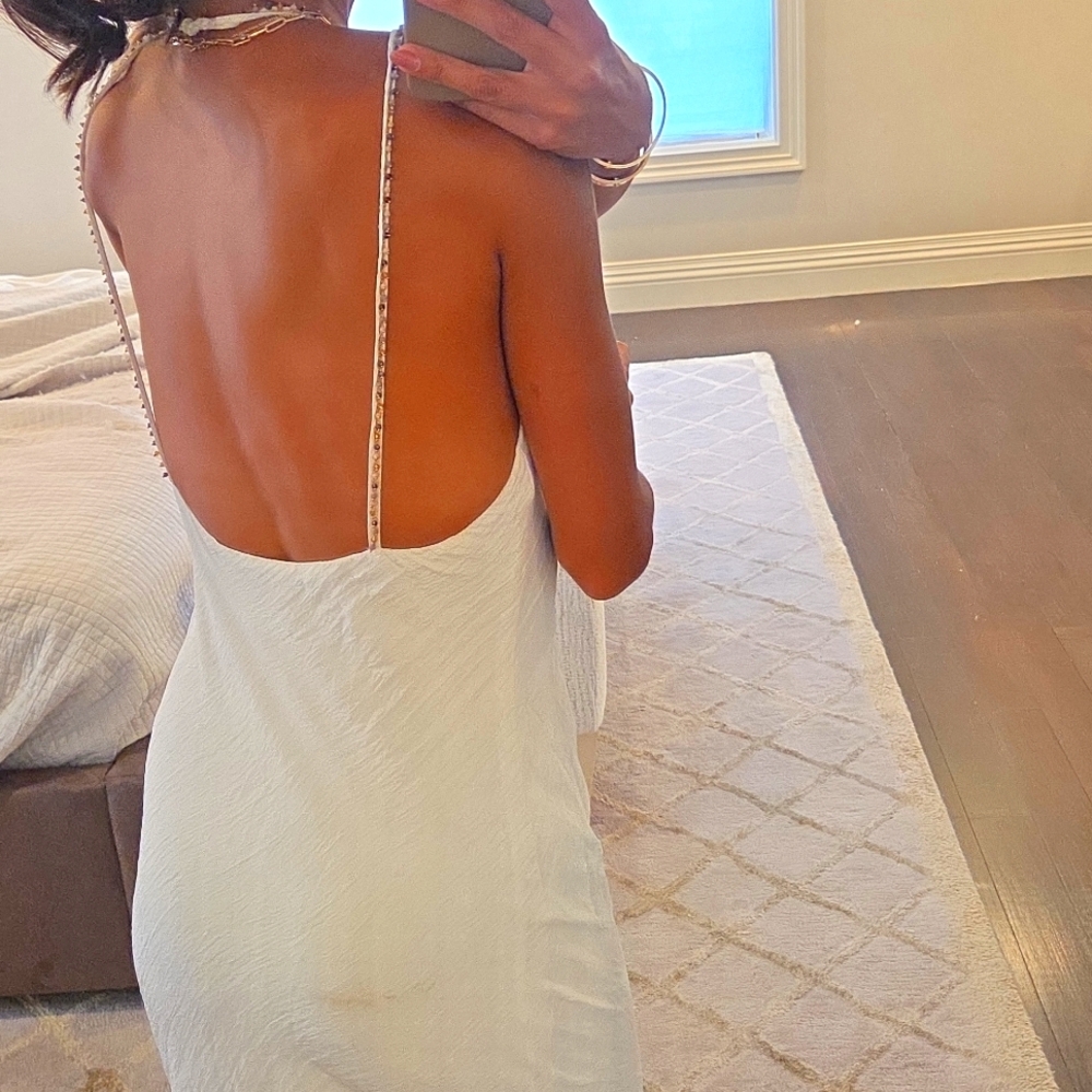 WOMEN'S ZARA WHITE CRINKLED HALTER MAXI SUN DRESS BEJEWELED HALTER SZ XS $90 - Picture 6 of 6
